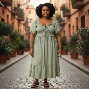 Boho Peasant Prairie Style Plus Sized Dress with Ruffle Accents Country